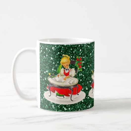 Viktorianisches Weihnachtsmädchen schreibt grüner  Kaffeetasse (Links)