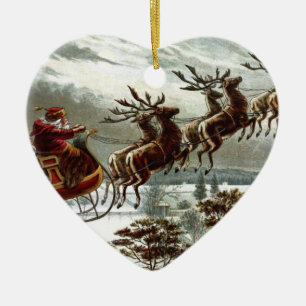 Viktorianisches   Weihnachtsmann Ren und Sleigh Keramik Ornament