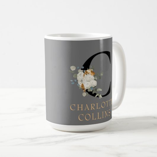 Viktorianisches weißes Floral-Gold Akzente Monogra Kaffeetasse (VorderseiteRechts)