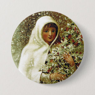 Viktorianisches Wintermädchen Stechpalmenzweige Sc Button