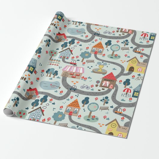 Village Illustriert Map Wrapping Paper Geschenkpapier (Ungerollt)