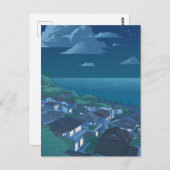 Village Meer blauer Nachthimmel Anime Postkarte (Vorne/Hinten)