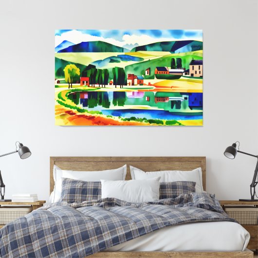 Village mit Blick auf den ruhigen Lago Canvas Prin Leinwanddruck (Insitu (Schlafzimmer))