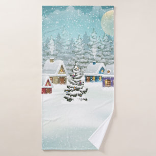 Village Winterlandschaft mit schneebedeckten Häuse Badehandtuch