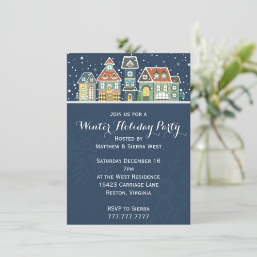 Village Zuhause Winterschneeszene-Feier Einladung (Stehend Vorderseite)