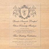 Vinatage Floral Wappen Creme Charcoal Hochzeit Acryleinladungen (Vorderseite)