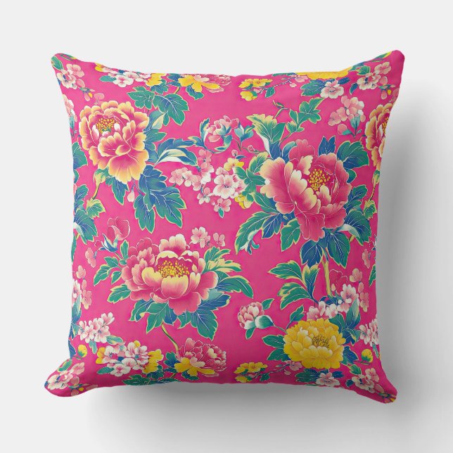 Vinbrant Pink Chinoiserie Floral Kissen (Vorderseite)