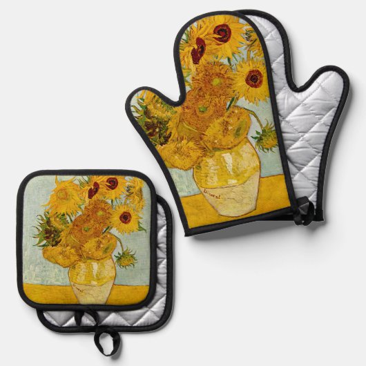 Vincent Van Gogh 12 Sonnenblumen Impressionist Ofenhandschuh & Topflappen-Set (Vorderseite/Rückseite)