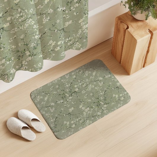 Vincent Van Gogh Almond Blossom on Sage Green Badematte