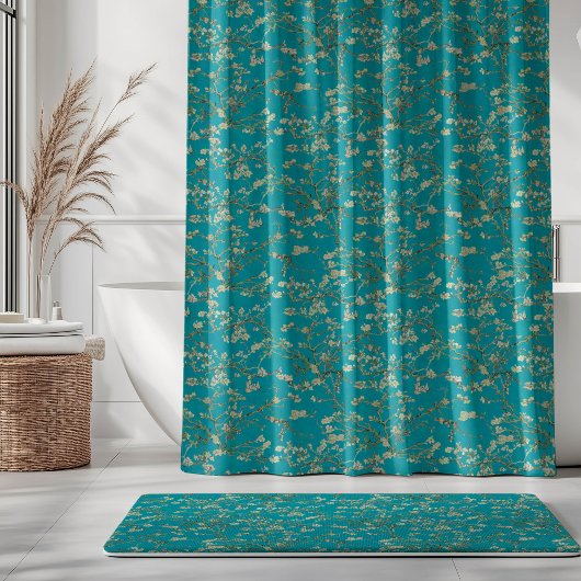 Vincent Van Gogh Almond Blossom on Teal Blue Duschvorhang