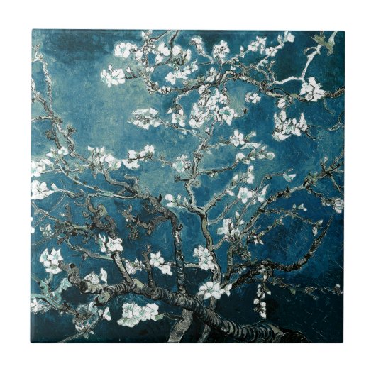 Vincent Van Gogh Almond Blossoms Dark Aquamarin Fliese (Vorderseite)