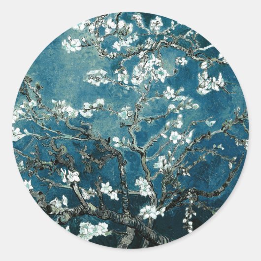 Vincent Van Gogh Almond Blossoms Dark Aquamarin Runder Aufkleber (Vorderseite)
