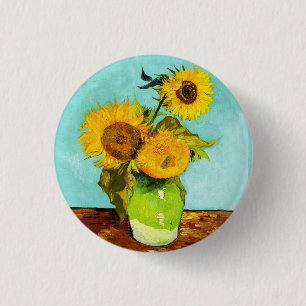 Vincent Van Gogh Drei Sonnenblumen in einer Vase Button