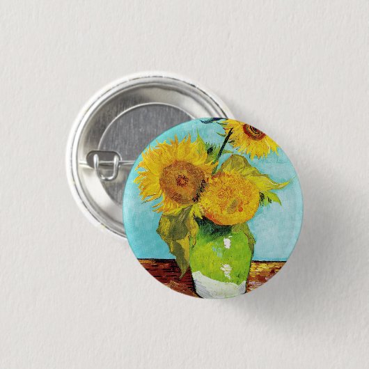 Vincent Van Gogh Drei Sonnenblumen in einer Vase Button (Vorne & Hinten)