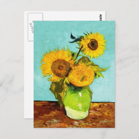 Vincent Van Gogh Drei Sonnenblumen in einer Vase Postkarte (Vorne/Hinten)