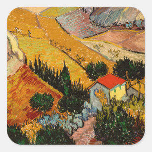 Vincent van Gogh - Landschaft, Haus und Plowman Quadratischer Aufkleber