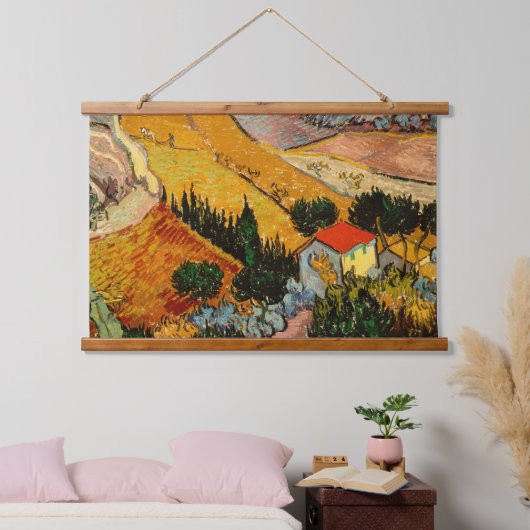 Vincent van Gogh - Landschaft, Haus und Plowman Wandteppich Mit Holzrahmen (Schlafzimmer)