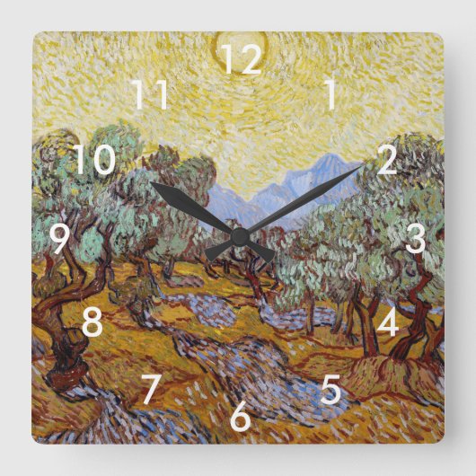 Vincent van Gogh - Olive Trees, Yellow Sky and Sun Quadratische Wanduhr (Vorderseite)