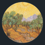Vincent van Gogh - Olivenbäume, Gelber Himmel und  Runder Aufkleber<br><div class="desc">Olivenbäume mit gelbem Himmel und Sonne (1889) von Vincent van Gogh ist eine von mehreren Studien der Olivenbäume, die van Gogh während des Asyls gemalt. Es ist ein Vintager Post-Impressionismus Kunstlandschaft Landschaftsmalerei. Ein Olivenhain auf einem Bauernhof an einem sonnigen Sommertag. Über den Künstler: Vincent Willem van Gogh war ein postimpressionistischer...</div>