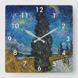 Vincent van Gogh - Road with Cypress and Star Quadratische Wanduhr