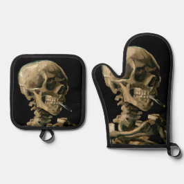 Vincent van Gogh - Skull mit brennender Zigarette Ofenhandschuh & Topflappen-Set