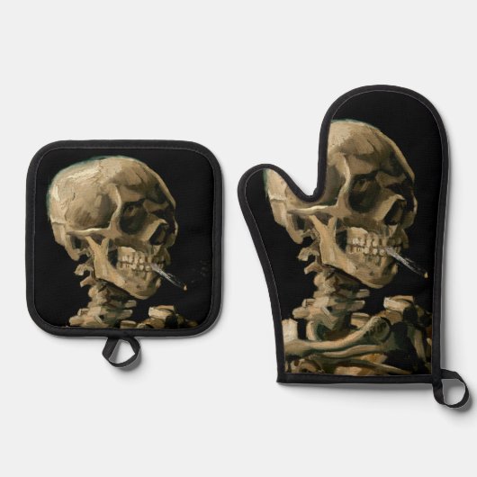 Vincent van Gogh - Skull mit brennender Zigarette Ofenhandschuh & Topflappen-Set (Vorderseite)