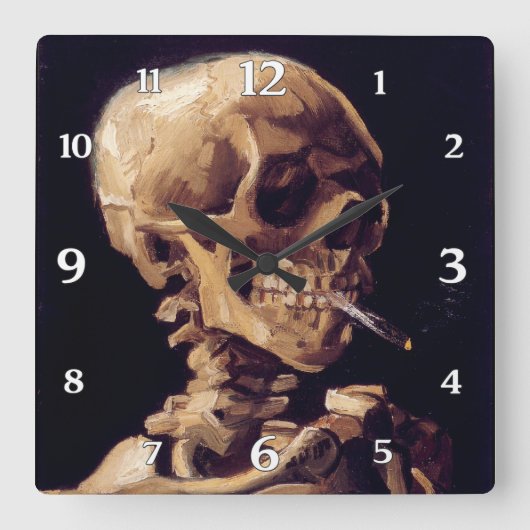 Vincent Van Gogh Skull mit brennender Zigarette Quadratische Wanduhr (Vorderseite)