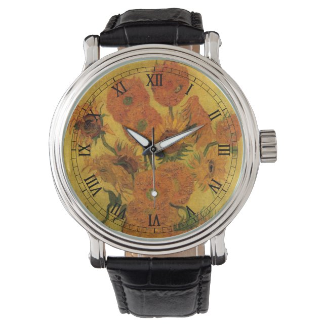Vincent van Gogh Still Life Vase w 15 Sonnenblumen Armbanduhr (Vorderseite)