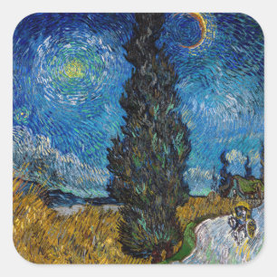 Vincent van Gogh - Straße mit Zypresse und Stern Quadratischer Aufkleber