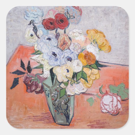 Vincent van Gogh - Vase mit Rose und Anemonen Quadratischer Aufkleber (Vorderseite)