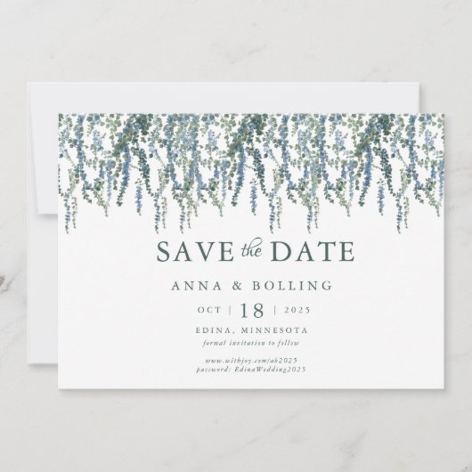 Vine Greenery Blue Floral Wedding Save The Date (Vorderseite)