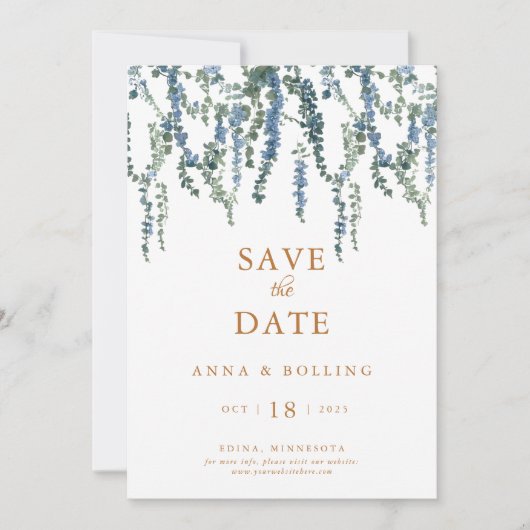 Vine Greenery Blue Floral Wedding Save The Date (Vorderseite)
