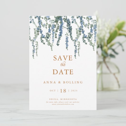 Vine Greenery Blue Floral Wedding Save The Date (Stehend Vorderseite)