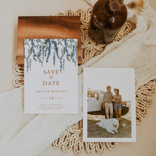 Vine Greenery Blue Floral Wedding Save The Date