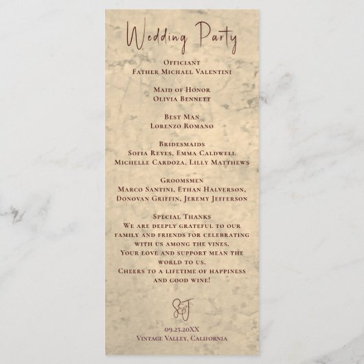 Vineyard Wedding Elegant Rustic Watercolor Program Programm (Rückseite)