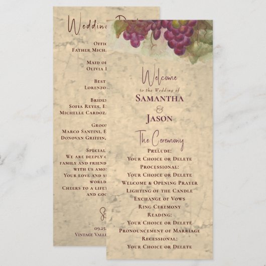Vineyard Wedding Elegant Rustic Watercolor Program Programm (Vorne/Hinten)