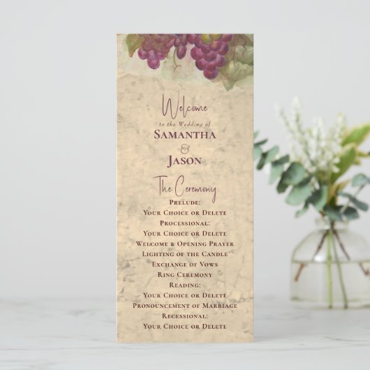 Vineyard Wedding Elegant Rustic Watercolor Program Programm (Stehend Vorderseite)