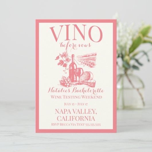 Vino Before Vows Bach Custom Weinkeller Bacheloret Einladung (Stehend Vorderseite)