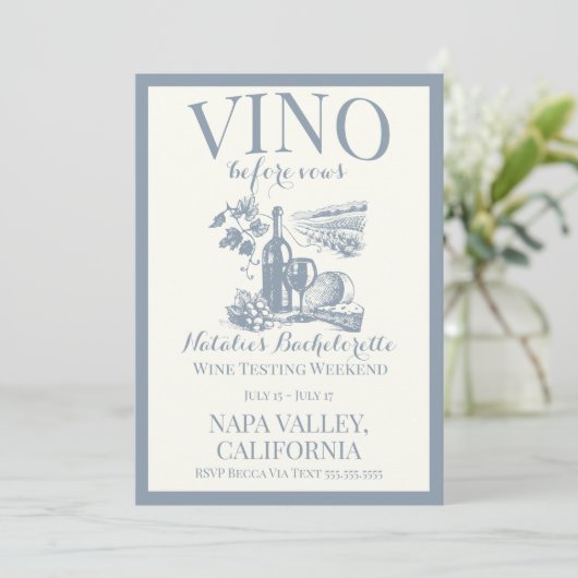 Vino Before Vows Bach Custom Weinkeller Bacheloret Einladung (Stehend Vorderseite)