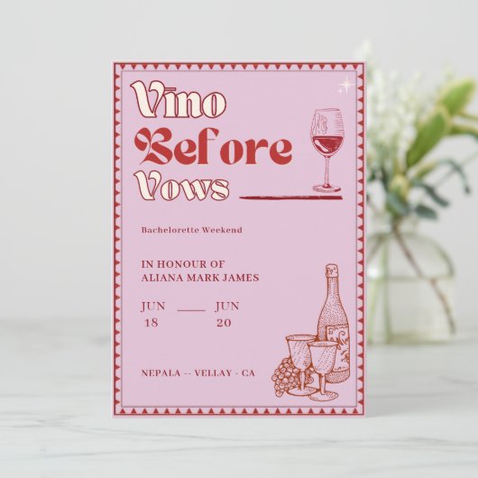 Vino Before Vows Bachelorette Weekend Tour Einladung (Stehend Vorderseite)