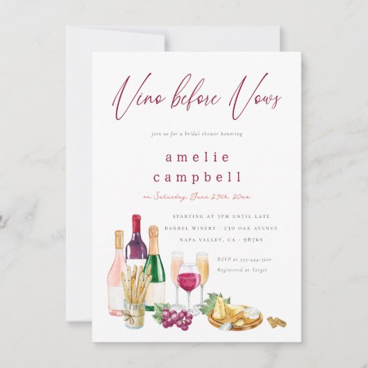 Vino Before Vows Brautparty Einladung (Vorderseite)