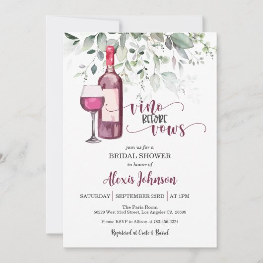 Vino Before Vows Brautparty (Rot) Einladung (Vorderseite)
