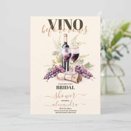 Vino Before Vows Elegantes Brautparty Einladung (Stehend Vorderseite)