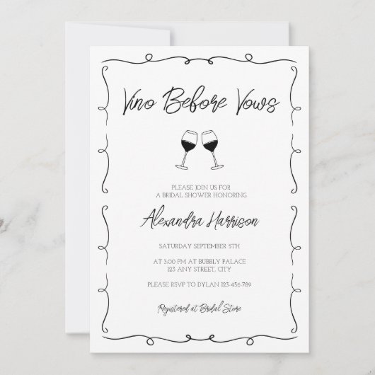 Vino Before Vows Hand Drawn Scripple Brautparty Einladung (Vorderseite)