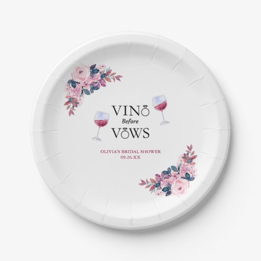Vino Before Vows Pink Floral Brautparty Pappteller (Vorderseite)