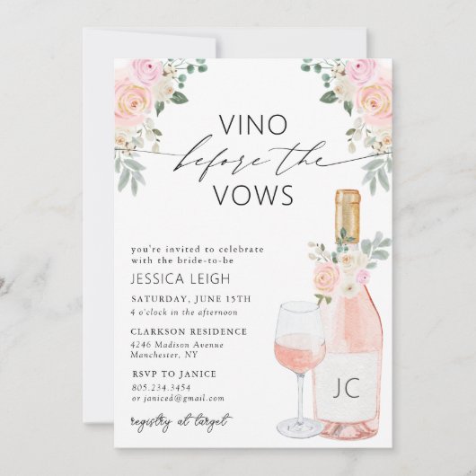 Vino Before Vows Rose Bridal Dusche Einladung (Vorderseite)