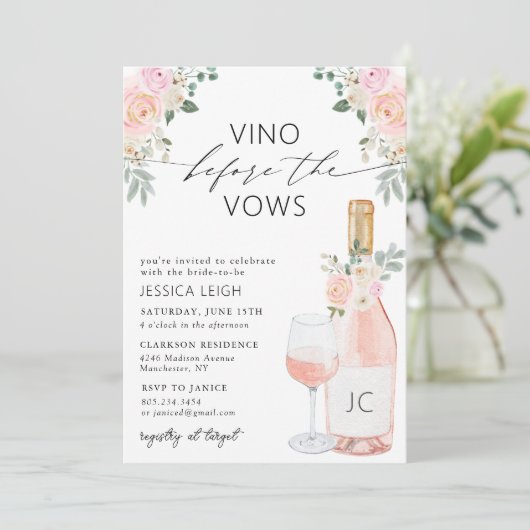 Vino Before Vows Rose Bridal Dusche Einladung (Stehend Vorderseite)