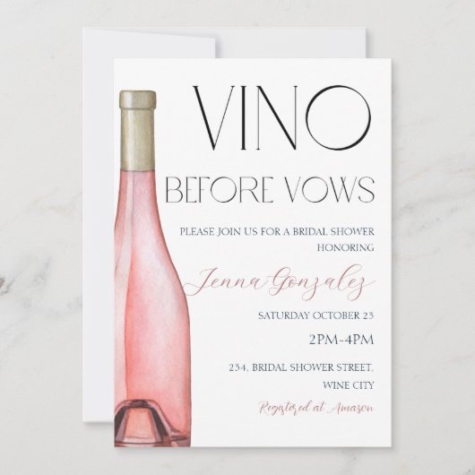 Vino Before Vows Rose Rosa Brautparty Einladung (Vorderseite)