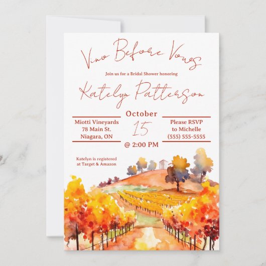 Vino Before Vows, Weinberg Brautparty Einladung (Vorderseite)