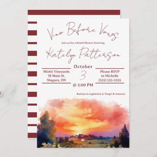 Vino Before Vows, Weinberg Brautparty Einladung (Vorne/Hinten)